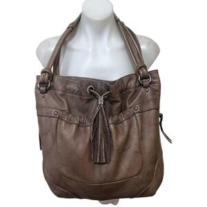 B. Makowsky Tan Soft Leather Drawstring Tote Shoulder Bag Leopard Lining